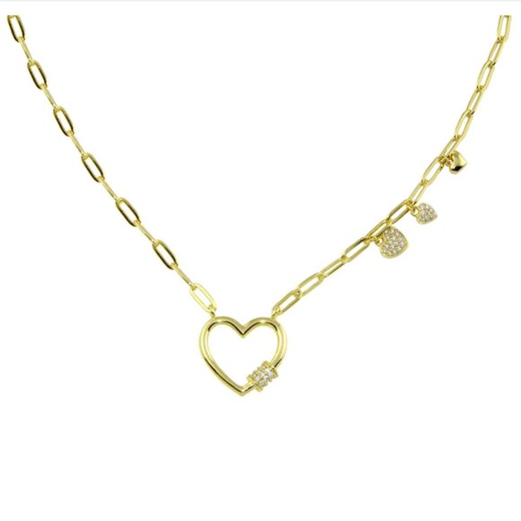 Gold Plated 925 Sterling Silver Heart CZ Paperclip Necklace